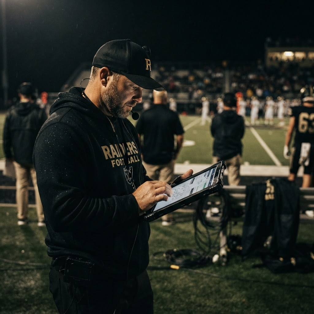 High school coach evaluating recruiting information on a tablet