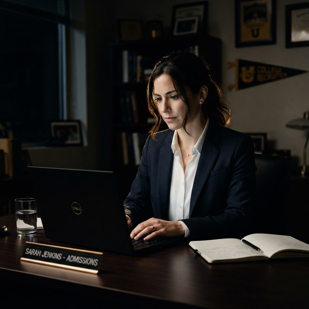 College recruiter evaluating verified athlete profiles on a laptop