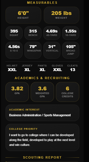 Continued RepMax profile — measurables including 6 foot, 205 pounds, 4.69 second 40-yard dash, plus academics with a 3.82 GPA and college priorities