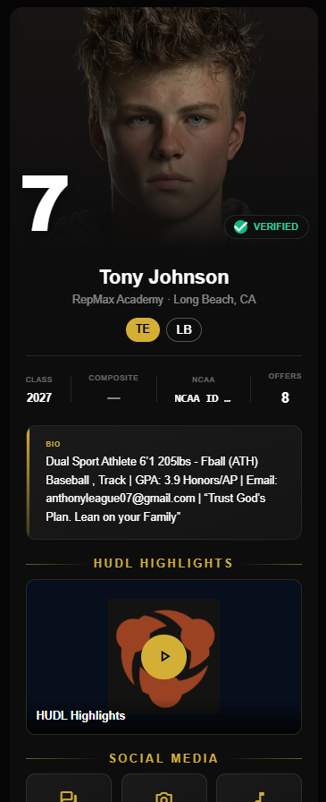 RepMax athlete profile for Tony Johnson, a verified 2027 dual-sport athlete, showing positions, bio, HUDL highlights and social links